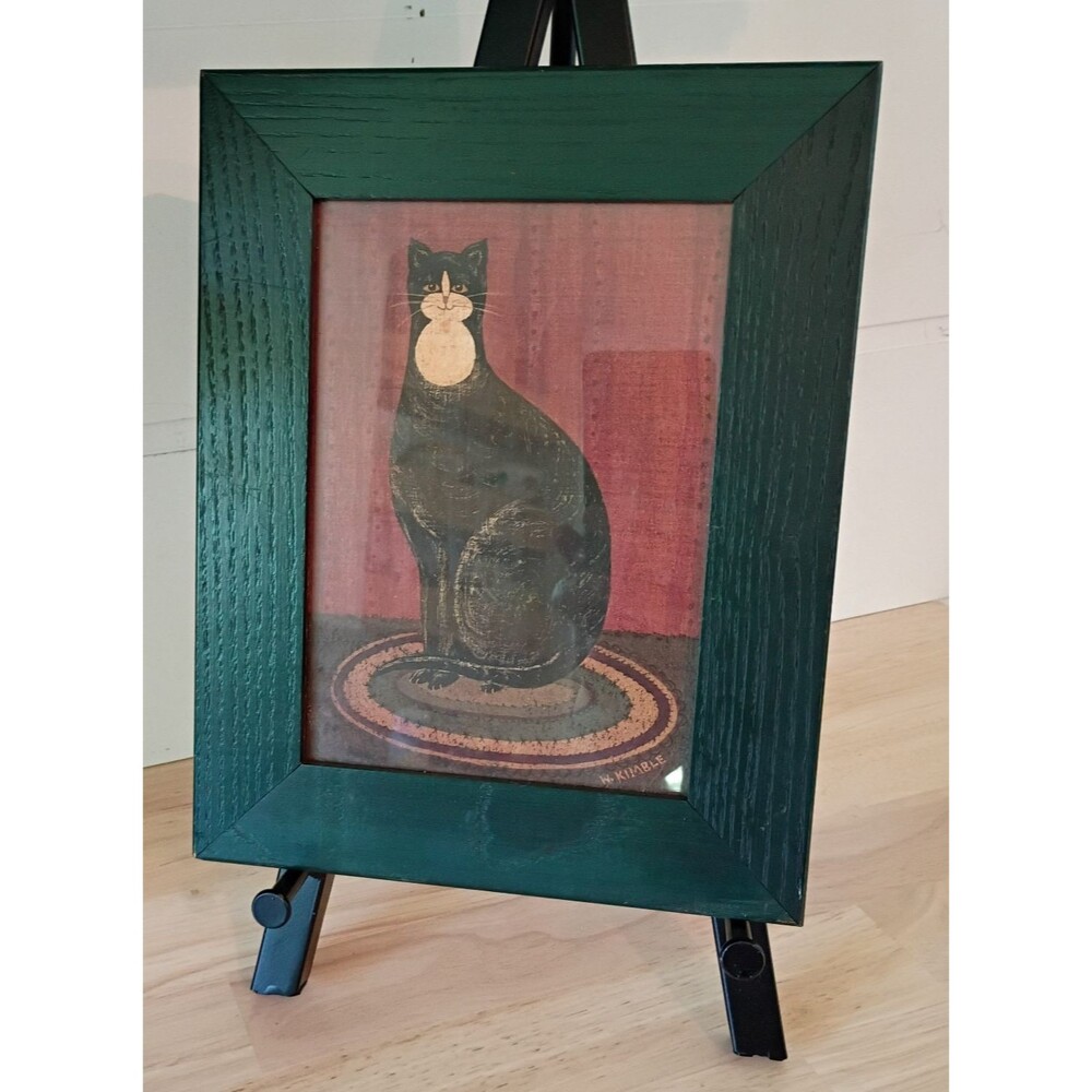 Vintage Warren Kimble Black Cat on Rug Print Folk Art Black Frame 9.5 x 7.5" - Picture 2 of 5